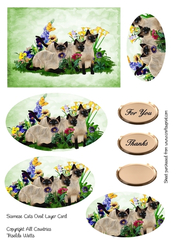 Siamese Cats and Pansies Oval Layer Card Green