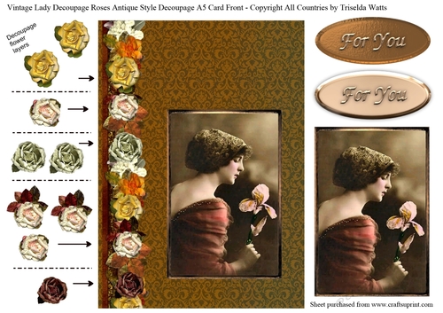 Vintage Edwardian Lady Decoupage Paper Roses A5 card front Bronze