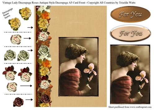 Vintage Edwardian Lady Decoupage Paper Roses A5 card front Linen