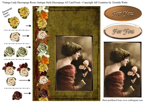 Vintage Edwardian Lady Decoupage Paper Roses A5 card front Antique Green