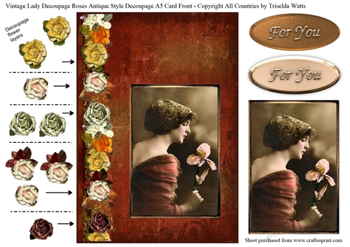 Vintage Edwardian Lady Decoupage Paper Roses A5 card front Red