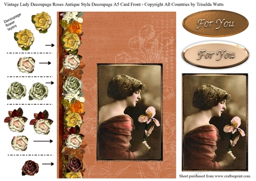 Vintage Edwardian Lady Decoupage Paper Roses A5 card front Peach
