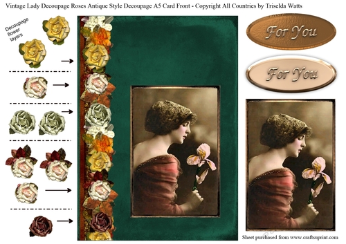 Vintage Edwardian Lady Decoupage Paper Roses A5 card front Emerald