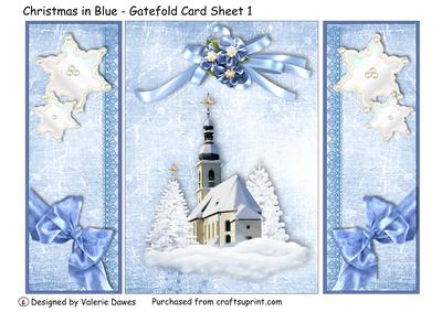 Christmas Church in Blue - Gatefold Card Sheet 1