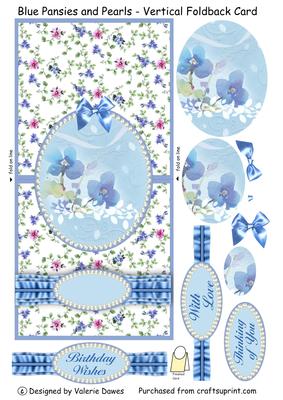 Blue Pansies and Pearls- Vertical Foldback Card