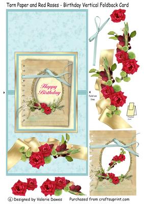 Torn Paper and Red Roses - Birthday Vertical Foldback Card