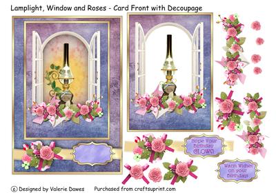 Lamplight, Window & Roses - Card Front with Decoupage
