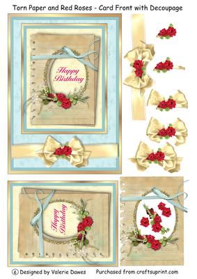 Torn Paper & Red Roses - Birthday Card Front with Decoupage