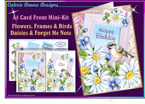 A5 Card Front - FLOWERS, FRAMES & BIRDS Daisies and Forget me nots