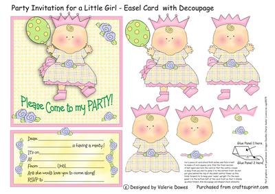 Party Invitation for a Little Girl - Decoupaged Easel Card