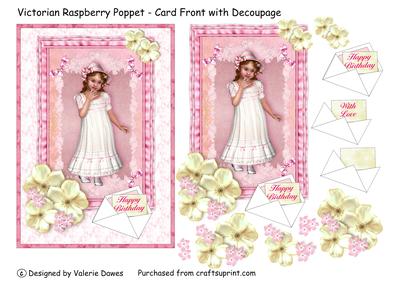 Victorian Raspberry Poppet Card Front Topper with Decoupage