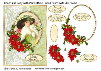 Christmas Lady with Poinsettias - Card Front with 3D Frame
