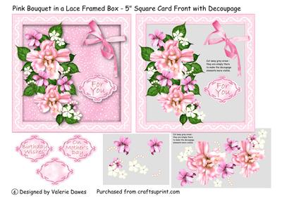 Pink Bouquet in a Lace Framed Box - 5" Square Card Front