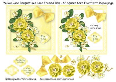 Yellow Rose Bouquet in Lace Framed Box - 5"square Card Front