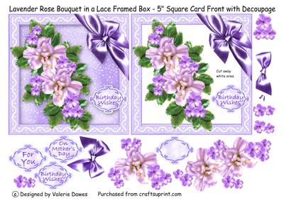 Lavender Rose Bouquet in Lace Framed Box - 5" Card Front