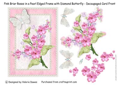 Pink Briar Roses in Pearl Edged Frame with Diamond Butterfly