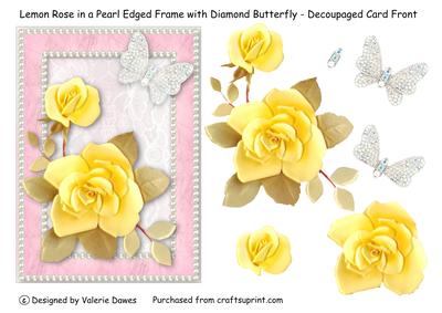 Lemon Rose in Pearl Edged Frame with Diamond Butterfly