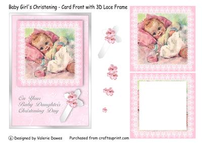 Baby Girl's Christening - Card Front with 3D Lace Frame