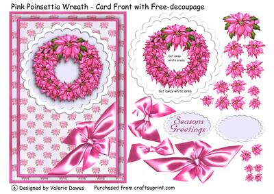 Pink Poinsettia Wreath - Card Front with Free-decoupage