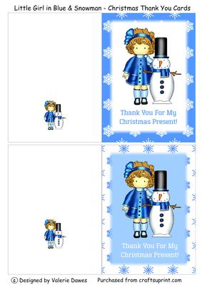 Little Girl in Blue & Snowman - Christmas Thank You Cards
