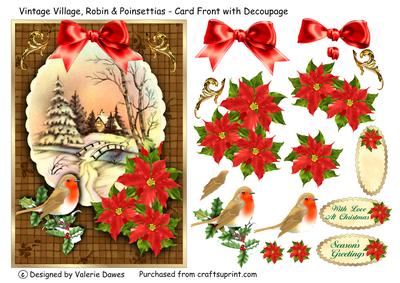 Vintage Village, Robin & Poinsettias -card Front & Decoupage