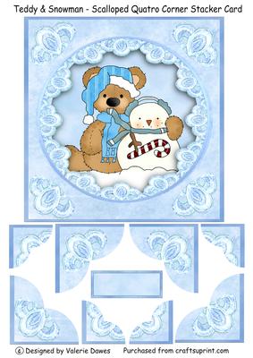 Teddy & Snowman - Scalloped Quatro Corner Card