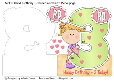 Girl's Third Birthday - Shaped Card with Decoupage