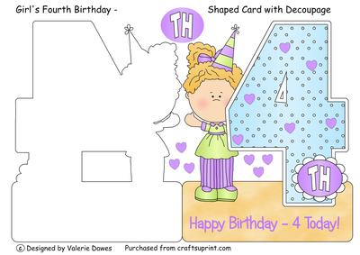 Girl's Fourth Birthday - Shaped Card with Decoupage