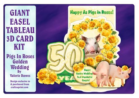 Giant Easel Tableau 3D Card Kit-pigs in Roses Golden Wedding