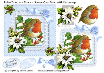 Robin in a Lace Frame - Square Card Front with Decoupage