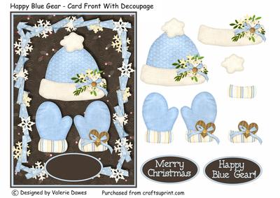 Happy Blue Gear - Card Front with Decoupage