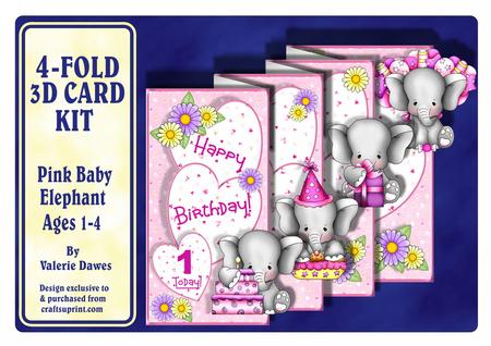 4-fold Card Kit - Pink Baby Elephant Ages 1 to 4