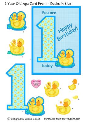 1 Year Old Age Card Front - Ducks in Blue