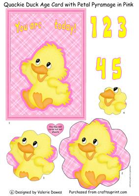 Quackie Duck Age Card Front with Petal Pyramage in Pink