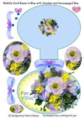Wobble Card Roses in Blue with Stacker and Decoupaged Bow