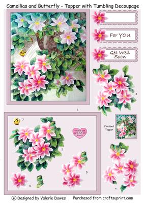 Camellias with Butterfly - Card Topper with Tumbling Decoupage