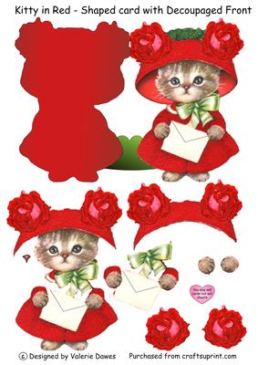 Kitty in Red - Shaped Card with Decoupaged Front