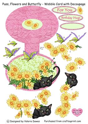 Puss, Flowers and Butterfly - Wobble Card with Decoupage