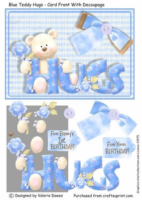 Blue Teddy Hugs - Card Front with Decoupage