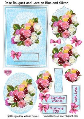 Rose Bouquet and Lace on Blue and Silver - Card Front/topper