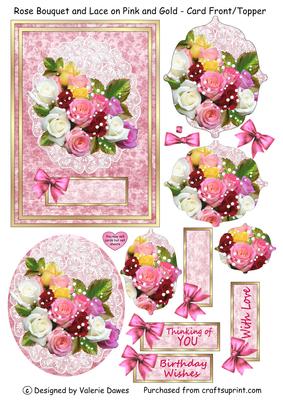 Rose Bouquet and Lace on Pink and Gold - Card Front/topper