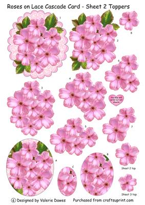 Pink Roses on Lace Cascade Card - Sheet 2 Toppers