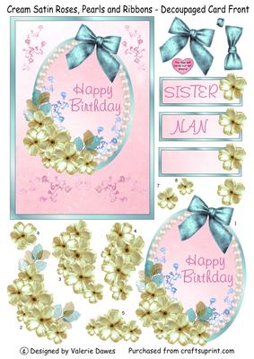 Cream Satin Roses, Pearls and Ribbons-decoupaged Card Front