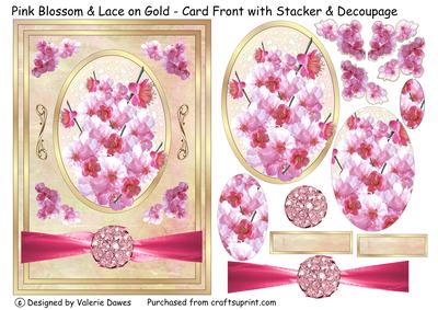 Pink Blossom on Gold - Card Front with Stacker & Decoupage