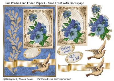Blue Pansies and Faded Papers - Card Front with Decoupage