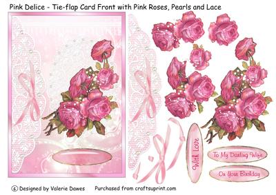 Pink Delice - Tie-flap Card with Pink Roses, Pearls & Lace