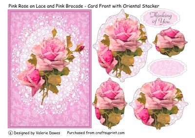 Pink Rose on Lace & Pink Brocade - Card Front with Pyramage