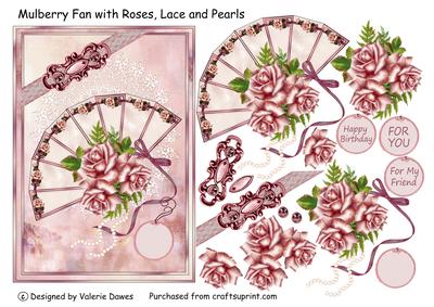 Mulberry Fan with Roses, Lace and Pearls