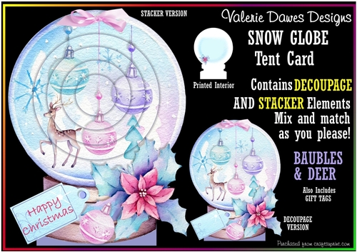 CHRISTMAS SNOWGLOBE Tent Card - Baubles & Deer