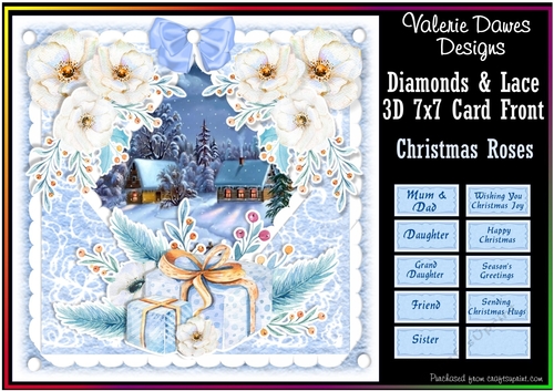 DIAMONDS & LACE 7x7 3D CARD FRONT - Christmas Roses